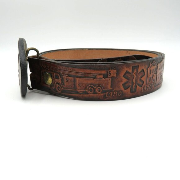 Firefighter Belt Size XL Kat Kuszak Vintage Embossed Leather Fire Truck Rescue - Picture 3 of 16